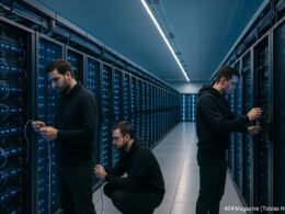 Modernes Rechenzentrum mit Serverracks, IT-Administratoren und blinking LEDs, beleuchtet von blauen und weißen Lichtern