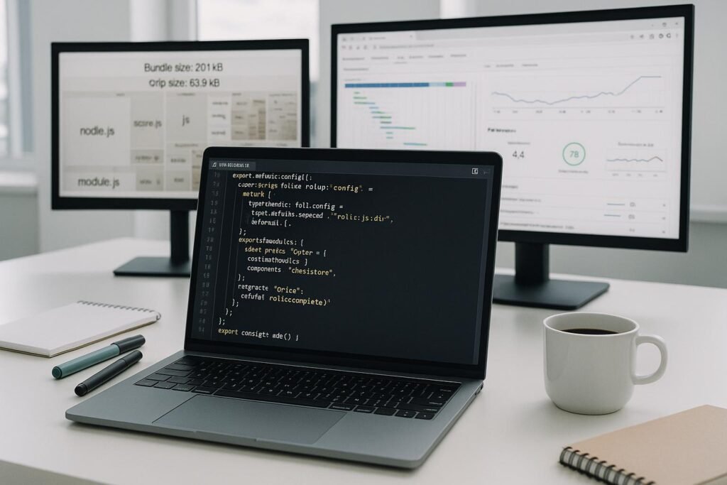 Moderne Entwickler-Workstation mit Laptop, Notizblöcken, Tasse Kaffee und großen Bildschirmen, die Performance- und SEO-Analysen im Browser anzeigen. Credit: 404 Magazine (Tobias Hager).