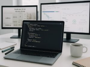 Moderne Entwickler-Workstation mit Laptop, Notizblöcken, Tasse Kaffee und großen Bildschirmen, die Performance- und SEO-Analysen im Browser anzeigen. Credit: 404 Magazine (Tobias Hager).