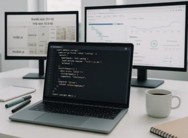 Moderne Entwickler-Workstation mit Laptop, Notizblöcken, Tasse Kaffee und großen Bildschirmen, die Performance- und SEO-Analysen im Browser anzeigen. Credit: 404 Magazine (Tobias Hager).