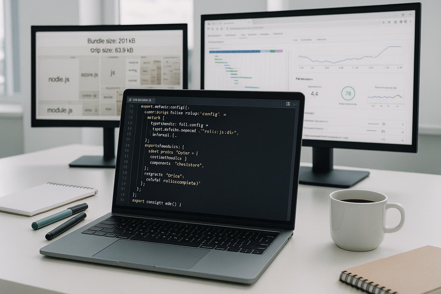 Moderne Entwickler-Workstation mit Laptop, Notizblöcken, Tasse Kaffee und großen Bildschirmen, die Performance- und SEO-Analysen im Browser anzeigen. Credit: 404 Magazine (Tobias Hager).