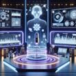 Futuristisches Studio mit holographischem Assistenten, leuchtenden Mikrofon-Tower, holographischen Displays und großen Bildschirmen mit KI-Darstellungen, inspiriert von moderner Technologie.