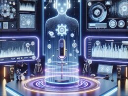 Futuristisches Studio mit holographischem Assistenten, leuchtenden Mikrofon-Tower, holographischen Displays und großen Bildschirmen mit KI-Darstellungen, inspiriert von moderner Technologie.