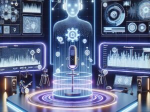 Futuristisches Studio mit holographischem Assistenten, leuchtenden Mikrofon-Tower, holographischen Displays und großen Bildschirmen mit KI-Darstellungen, inspiriert von moderner Technologie.