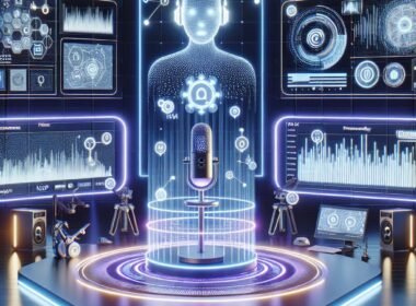 Futuristisches Studio mit holographischem Assistenten, leuchtenden Mikrofon-Tower, holographischen Displays und großen Bildschirmen mit KI-Darstellungen, inspiriert von moderner Technologie.
