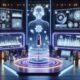 Futuristisches Studio mit holographischem Assistenten, leuchtenden Mikrofon-Tower, holographischen Displays und großen Bildschirmen mit KI-Darstellungen, inspiriert von moderner Technologie.