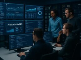 Ein hochmoderner Kontrollraum mit Monitoren, Serverracks und Technikern, die an der Überwachung und Steuerung von Proxy-Servern arbeiten.