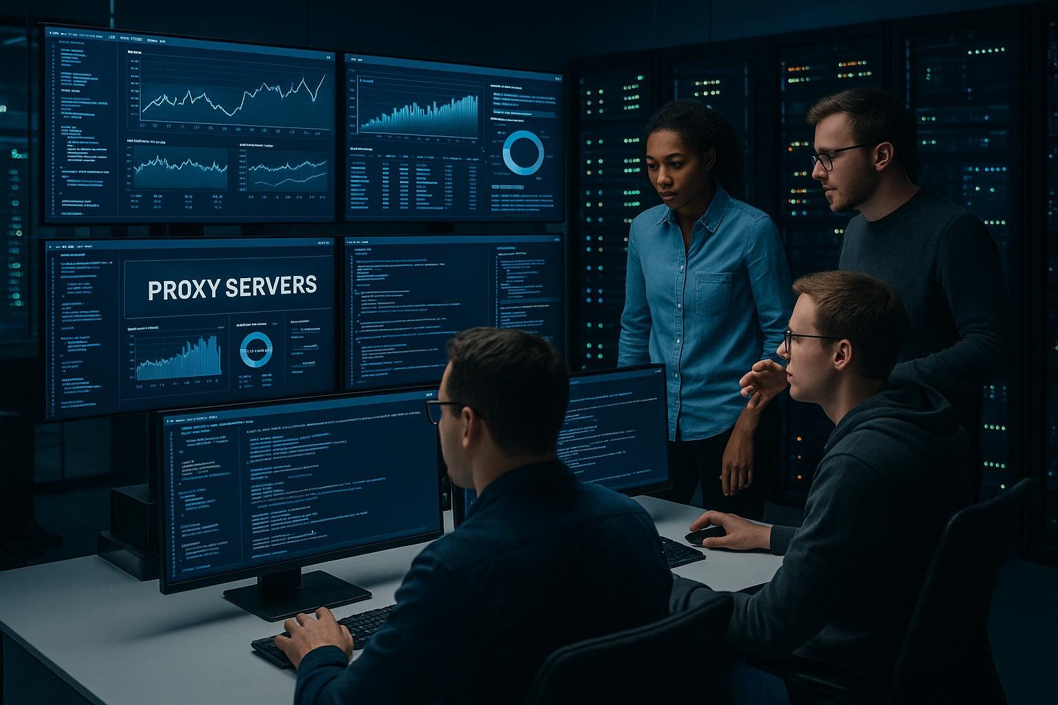 Ein hochmoderner Kontrollraum mit Monitoren, Serverracks und Technikern, die an der Überwachung und Steuerung von Proxy-Servern arbeiten.