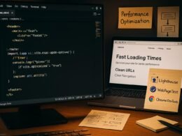 Entwicklerarbeitsplatz mit Code-IDE, Laptop, Notizen und Analyse-Tools zur Website-Optimierung, aufgenommen in einem modernen Arbeitsumfeld.
