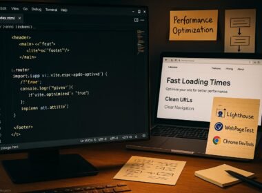 Entwicklerarbeitsplatz mit Code-IDE, Laptop, Notizen und Analyse-Tools zur Website-Optimierung, aufgenommen in einem modernen Arbeitsumfeld.