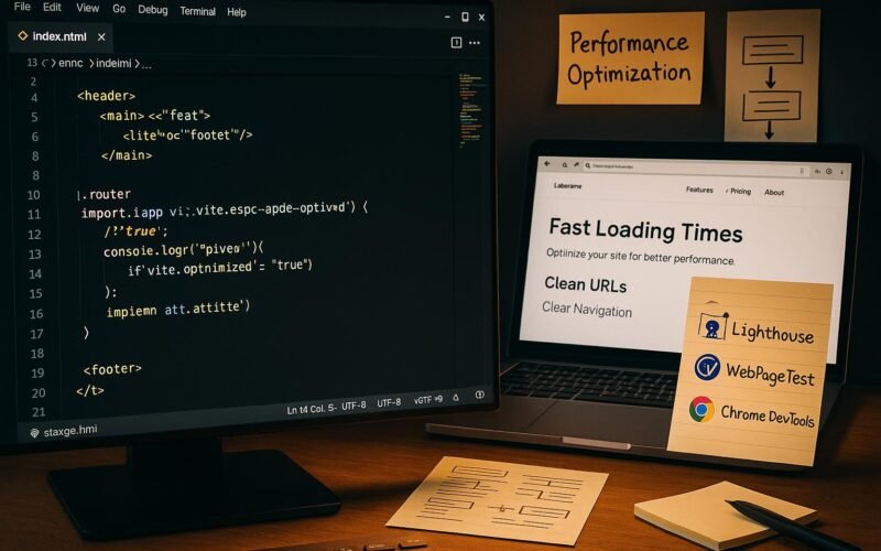 Entwicklerarbeitsplatz mit Code-IDE, Laptop, Notizen und Analyse-Tools zur Website-Optimierung, aufgenommen in einem modernen Arbeitsumfeld.