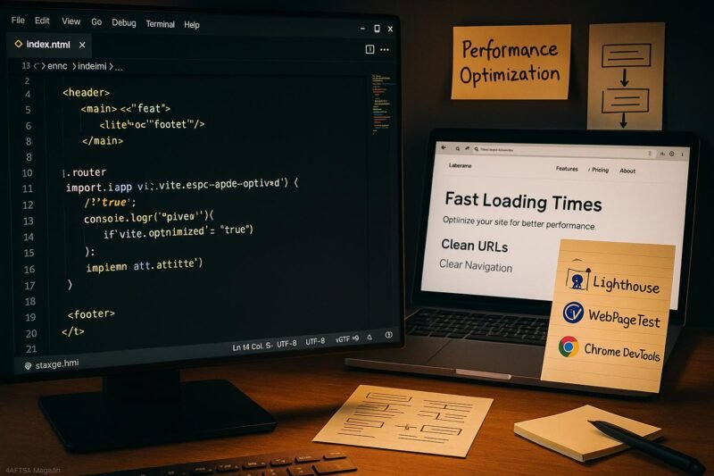 Entwicklerarbeitsplatz mit Code-IDE, Laptop, Notizen und Analyse-Tools zur Website-Optimierung, aufgenommen in einem modernen Arbeitsumfeld.