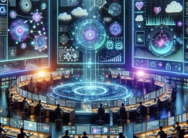 Futuristischer Kontrollraum für digitales Marketing mit transparentem Touchscreen, holografischen KI-Modellen und neuester Datenvisualisierung
