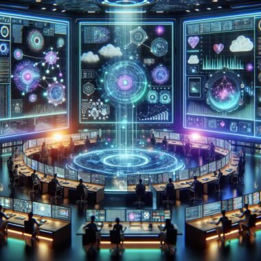 Futuristischer Kontrollraum für digitales Marketing mit transparentem Touchscreen, holografischen KI-Modellen und neuester Datenvisualisierung