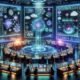 Futuristischer Kontrollraum für digitales Marketing mit transparentem Touchscreen, holografischen KI-Modellen und neuester Datenvisualisierung