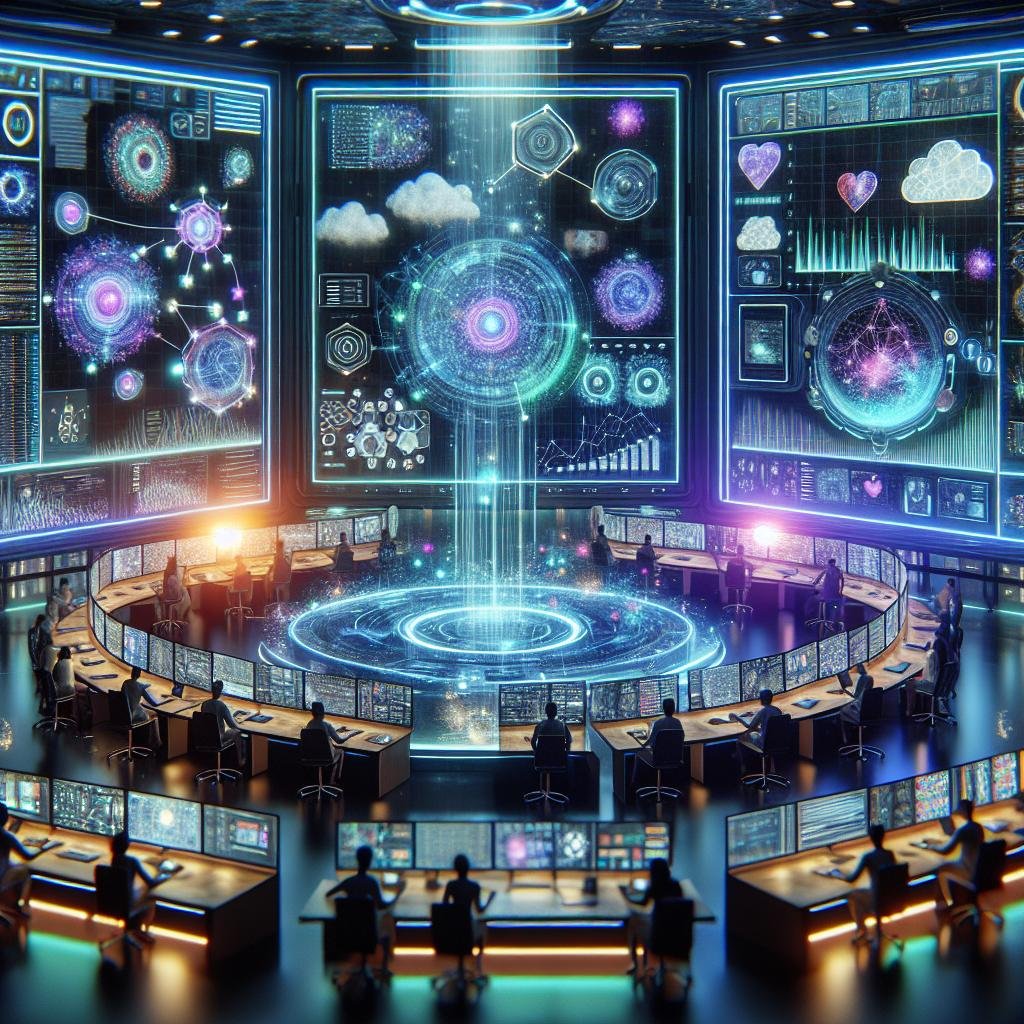 Futuristischer Kontrollraum für digitales Marketing mit transparentem Touchscreen, holografischen KI-Modellen und neuester Datenvisualisierung