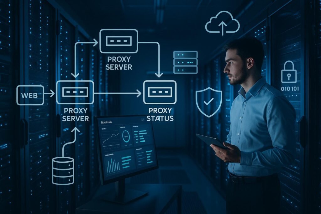 Serverraum mit Netzwerkanalyse, Proxy-Servern, Dashboard und Sicherheitssymbolen, beleuchtet von blauen LED-Lichtern, mit einem Techniker im Vordergrund.