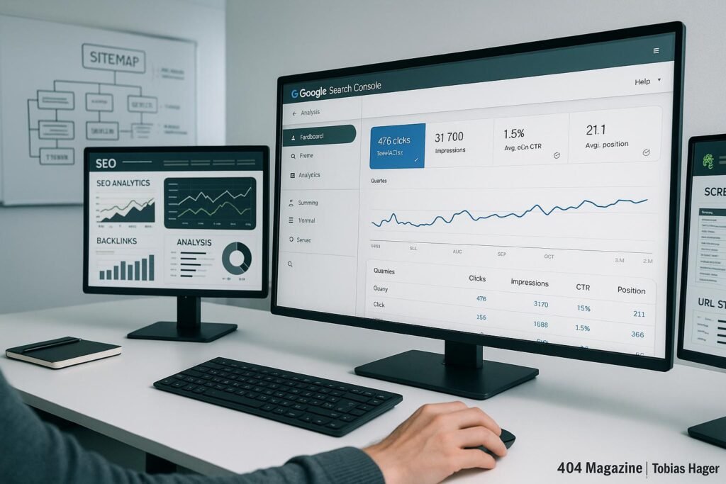 Moderner, heller Arbeitsplatz mit mehreren Bildschirmen, Analyse- und SEO-Tools sowie Whiteboard mit Sitemaps und technischen Notizen, Credit: 404 Magazine (Tobias Hager)