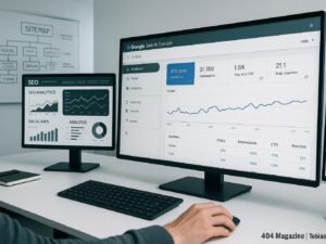 Moderner, heller Arbeitsplatz mit mehreren Bildschirmen, Analyse- und SEO-Tools sowie Whiteboard mit Sitemaps und technischen Notizen, Credit: 404 Magazine (Tobias Hager)