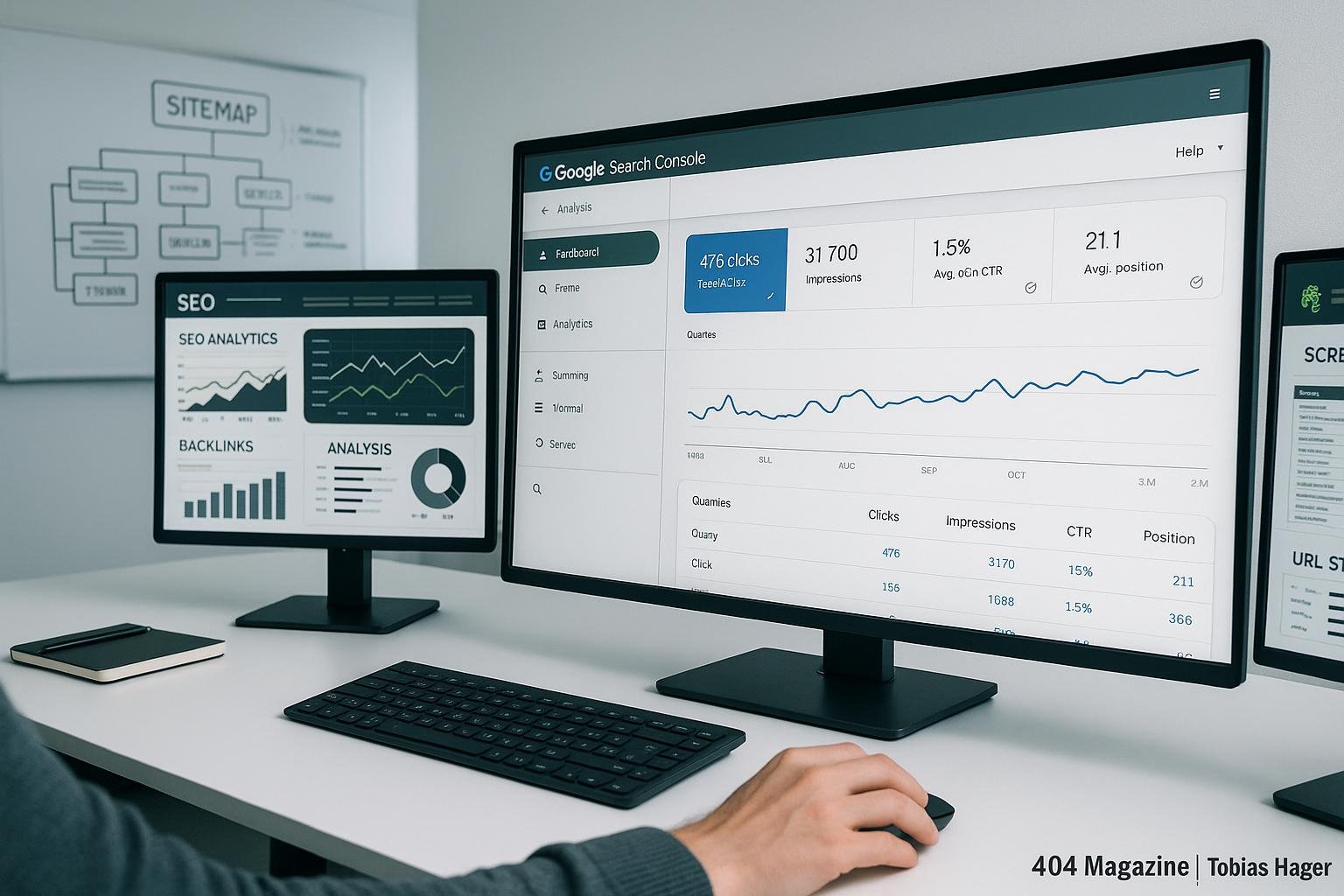 Moderner, heller Arbeitsplatz mit mehreren Bildschirmen, Analyse- und SEO-Tools sowie Whiteboard mit Sitemaps und technischen Notizen, Credit: 404 Magazine (Tobias Hager)
