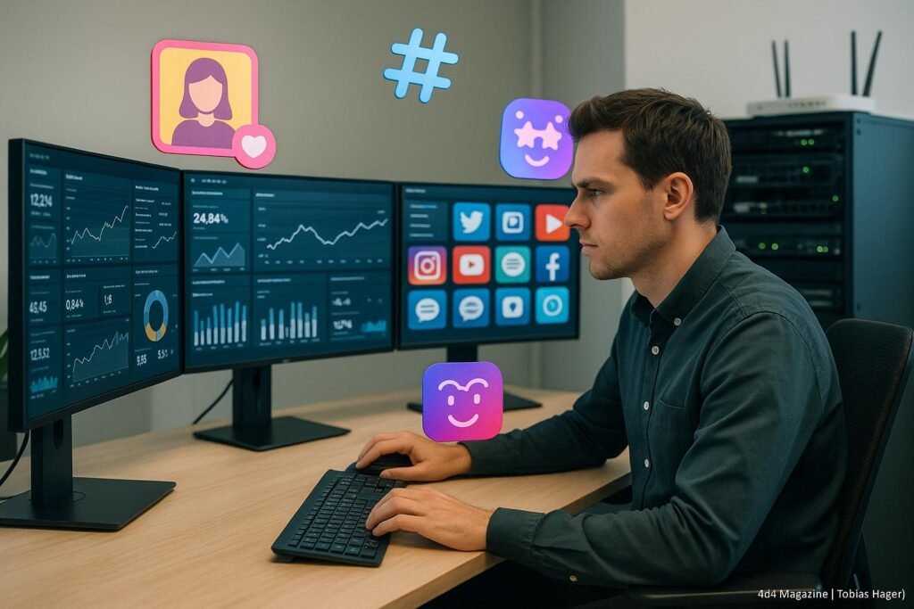Moderner Arbeitsplatz mit mehreren Monitoren, die Daten, Graphen und Social-Media-Apps anzeigen, umgeben von Influencer-Icons und technischen Geräten im Hintergrund.
