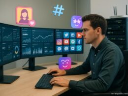 Moderner Arbeitsplatz mit mehreren Monitoren, die Daten, Graphen und Social-Media-Apps anzeigen, umgeben von Influencer-Icons und technischen Geräten im Hintergrund.
