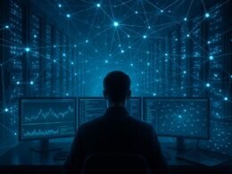 Hochtechnologisches Rechenzentrum mit beleuchteten Servern, digitalen Datenströmen und einem Netzwerk-Analysten bei der Überwachung von Datenverkehr