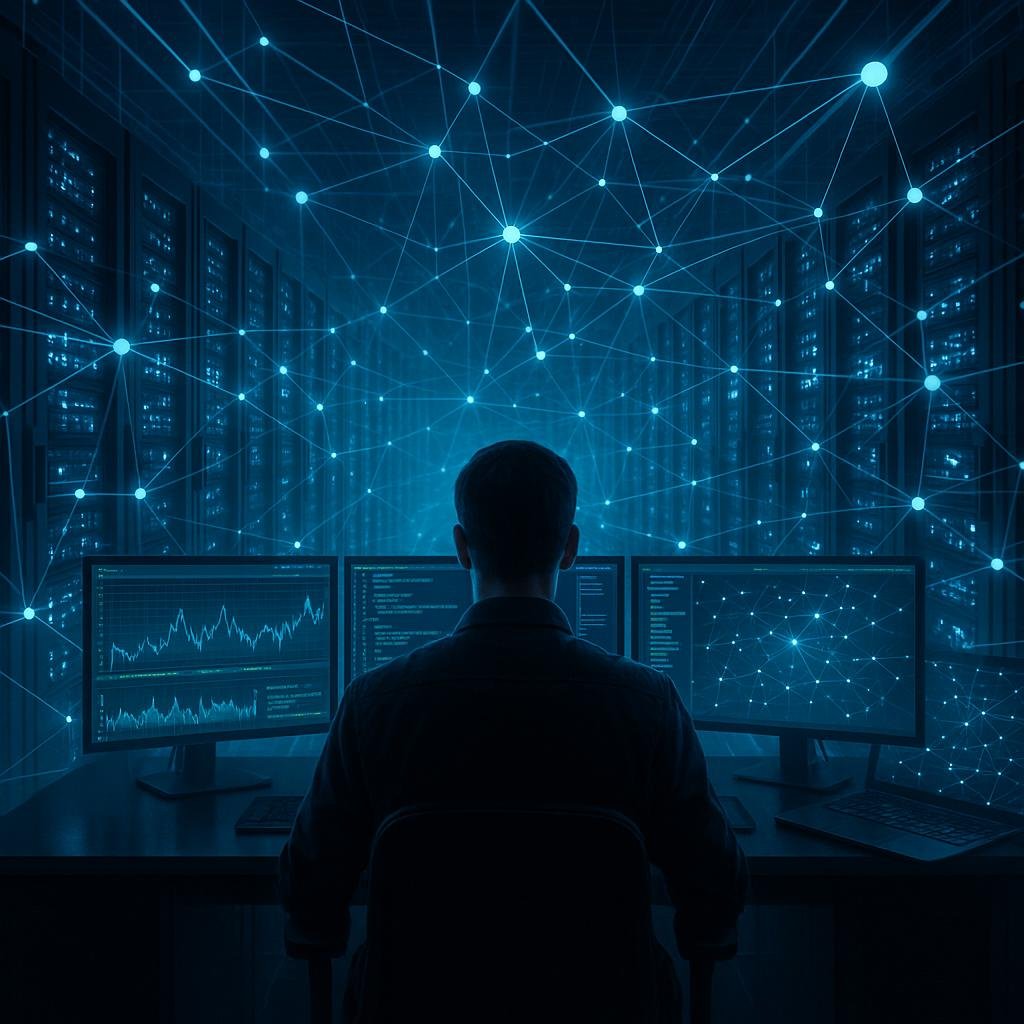 Hochtechnologisches Rechenzentrum mit beleuchteten Servern, digitalen Datenströmen und einem Netzwerk-Analysten bei der Überwachung von Datenverkehr