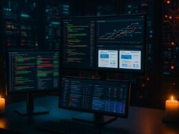 High-Tech Digitalarbeitsplatz mit mehreren Monitoren, Serverracks im Hintergrund und futuristischer Cybersecurity-Umgebung