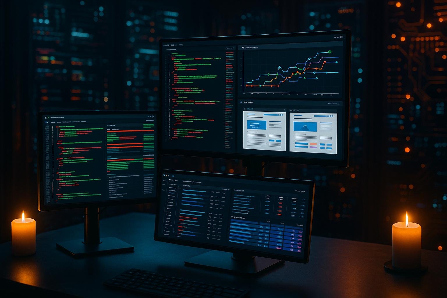 High-Tech Digitalarbeitsplatz mit mehreren Monitoren, Serverracks im Hintergrund und futuristischer Cybersecurity-Umgebung