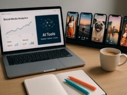 Moderne Arbeitsstation mit Laptop, Smartphones und kreativen Instagram-Posts, symbolisiert technologische Optimierung und Content-Strategie.