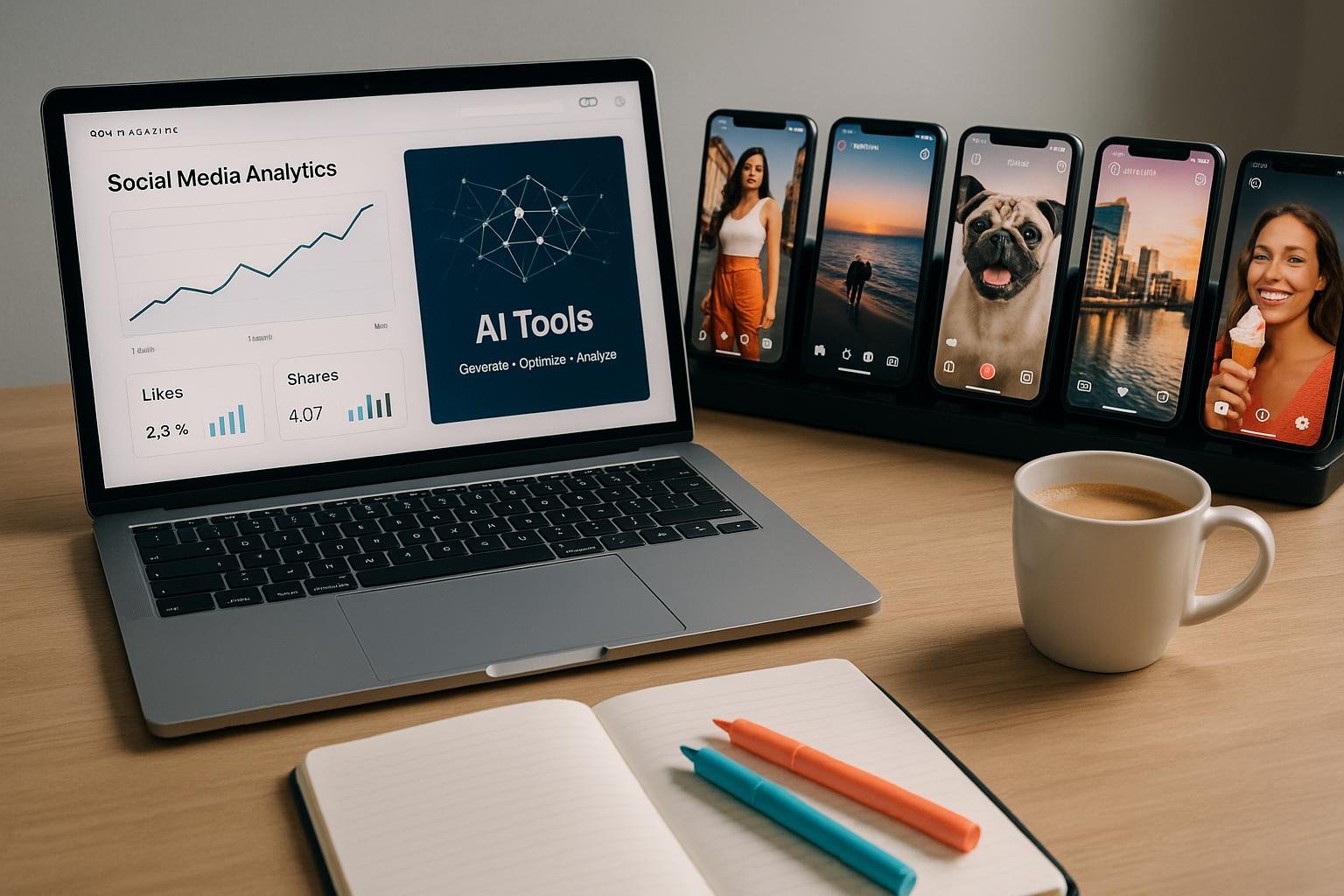 Moderne Arbeitsstation mit Laptop, Smartphones und kreativen Instagram-Posts, symbolisiert technologische Optimierung und Content-Strategie.