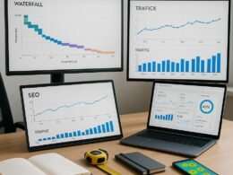 Arbeitsplatz für SEO-Profis mit mehreren Monitoren, die Diagramme und Datenvisualisierungen zeigen, im Hintergrund Laptop mit Google Data Studio Dashboard, Notizbücher und Smartphone mit Heatmaps.