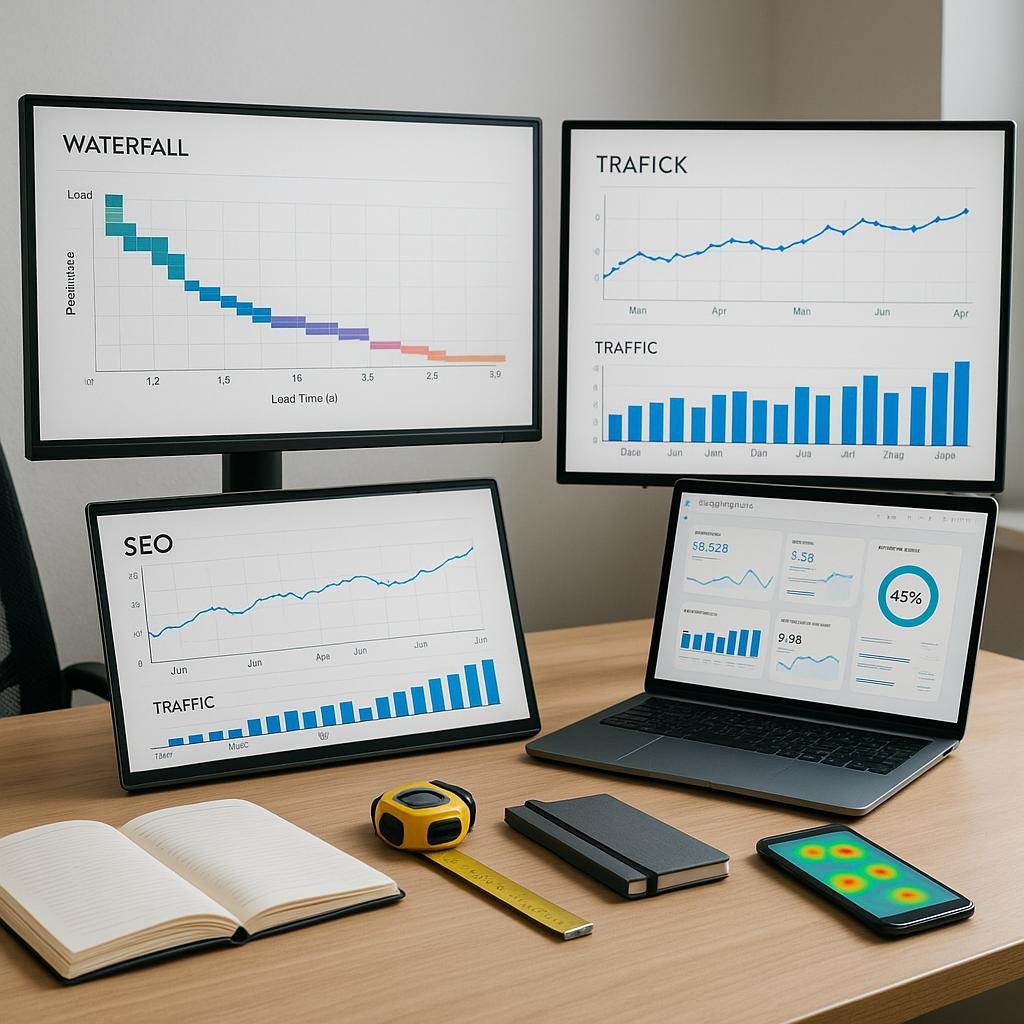 Arbeitsplatz für SEO-Profis mit mehreren Monitoren, die Diagramme und Datenvisualisierungen zeigen, im Hintergrund Laptop mit Google Data Studio Dashboard, Notizbücher und Smartphone mit Heatmaps.