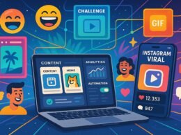 Moderne digitale Arbeitsstation mit Laptop und Smartphone, umgeben von Symbolen für Likes, Kommentare und virale Inhalte, im Hintergrund ein bunter Content-Dschungel mit Stories, Challenges und GIFs.