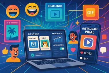 Moderne digitale Arbeitsstation mit Laptop und Smartphone, umgeben von Symbolen für Likes, Kommentare und virale Inhalte, im Hintergrund ein bunter Content-Dschungel mit Stories, Challenges und GIFs.