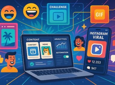 Moderne digitale Arbeitsstation mit Laptop und Smartphone, umgeben von Symbolen für Likes, Kommentare und virale Inhalte, im Hintergrund ein bunter Content-Dschungel mit Stories, Challenges und GIFs.