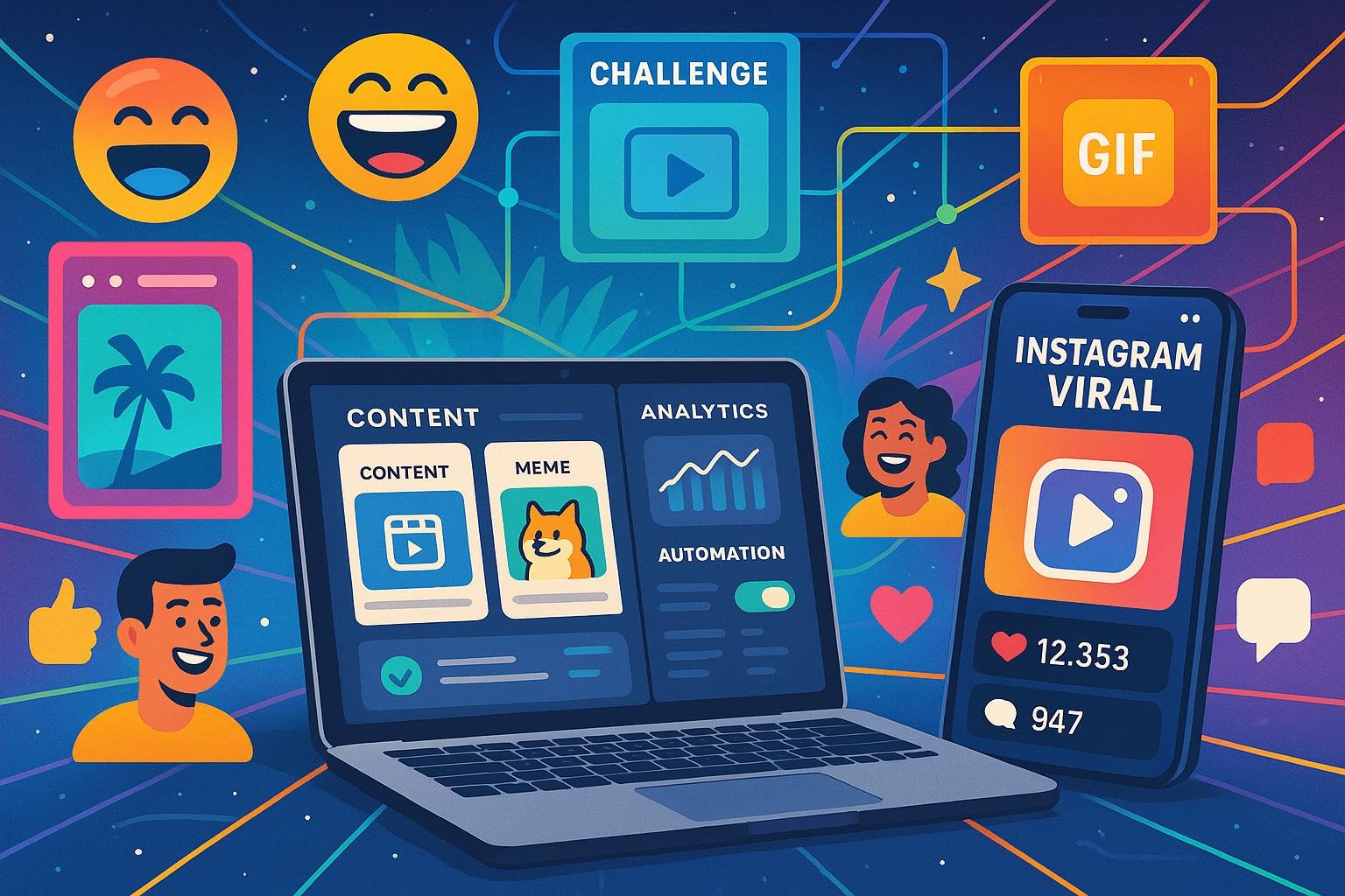 Moderne digitale Arbeitsstation mit Laptop und Smartphone, umgeben von Symbolen für Likes, Kommentare und virale Inhalte, im Hintergrund ein bunter Content-Dschungel mit Stories, Challenges und GIFs.