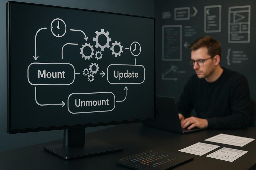 Moderner Arbeitsplatz mit digitalem Flussdiagramm der Komponentenlebenszyklusphasen, umgeben von Code-Snippets und UI-Entwürfen, mit Zahnrädern und Uhren zur Darstellung von Prozesssynchronisation, Credit: 404 Magazine (Tobias Hager)