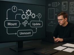 Moderner Arbeitsplatz mit digitalem Flussdiagramm der Komponentenlebenszyklusphasen, umgeben von Code-Snippets und UI-Entwürfen, mit Zahnrädern und Uhren zur Darstellung von Prozesssynchronisation, Credit: 404 Magazine (Tobias Hager)