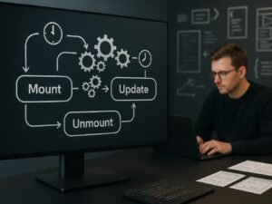 Moderner Arbeitsplatz mit digitalem Flussdiagramm der Komponentenlebenszyklusphasen, umgeben von Code-Snippets und UI-Entwürfen, mit Zahnrädern und Uhren zur Darstellung von Prozesssynchronisation, Credit: 404 Magazine (Tobias Hager)