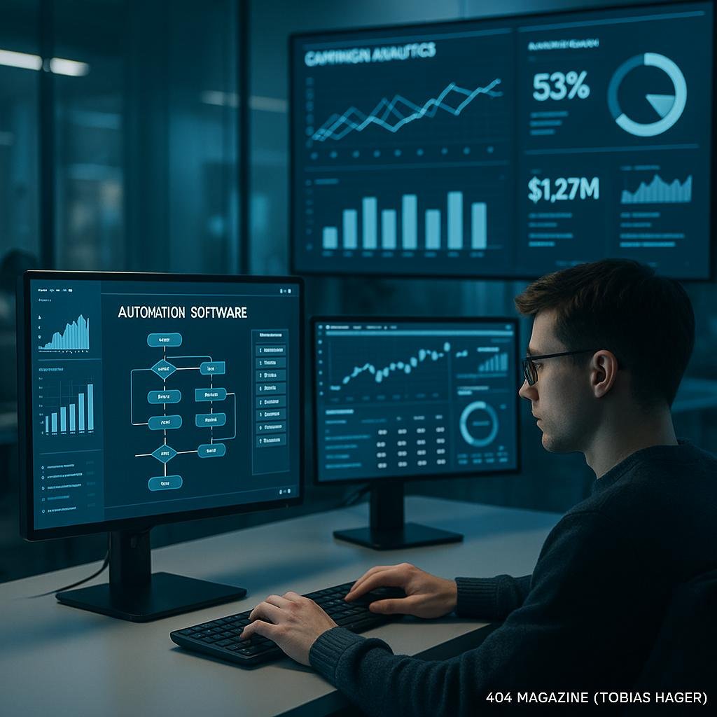 Modernes Büro mit mehreren Bildschirmen, Automatisierungssoftware und Datenvisualisierungen, im Vordergrund eine arbeitende Person, im Hintergrund Dashboard mit Kampagnenanalysen, futuristische Atmosphäre, klare Beleuchtung.