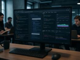 Moderner Arbeitsplatz mit großem Bildschirm, auf dem eine Webseite in einem Headless Chrome Dashboard angezeigt wird, mit Code, DOM-Visualisierungen und Performance-Diagrammen, im Hintergrund Entwickler mit Notizbüchern und Laptops.