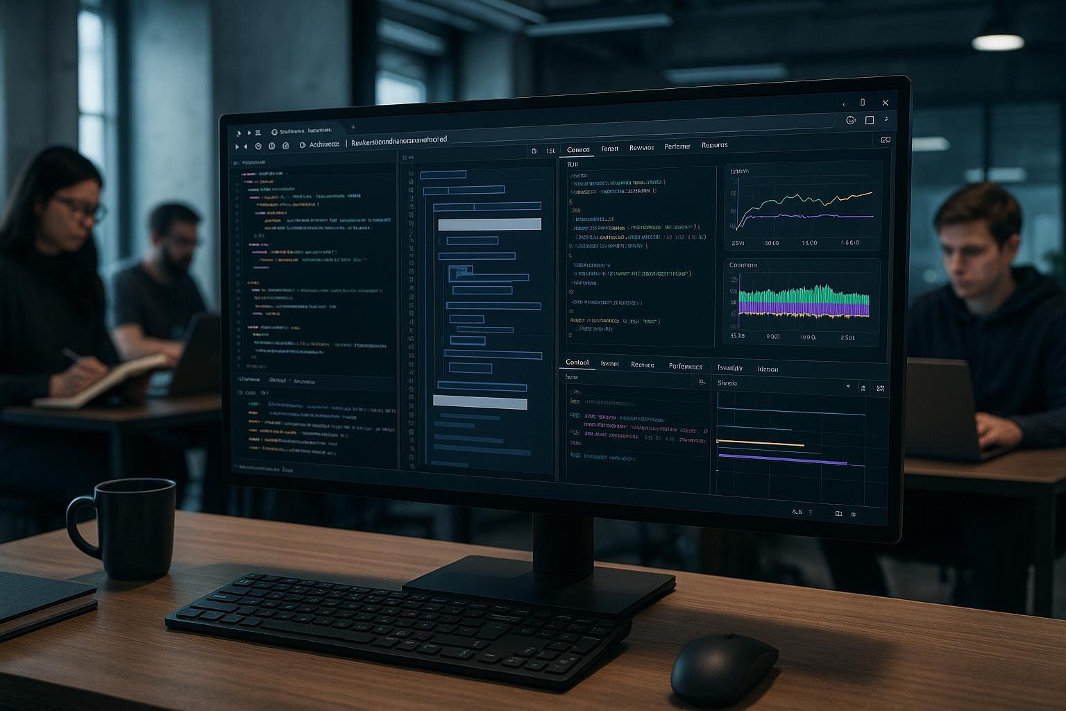 Moderner Arbeitsplatz mit großem Bildschirm, auf dem eine Webseite in einem Headless Chrome Dashboard angezeigt wird, mit Code, DOM-Visualisierungen und Performance-Diagrammen, im Hintergrund Entwickler mit Notizbüchern und Laptops.