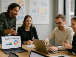 Team von Marketing-Profis bei einem modernen Büro mit digitalen Bildschirmen, Notebooks und Whiteboards, die kreative Testing-Prozesse visualisieren