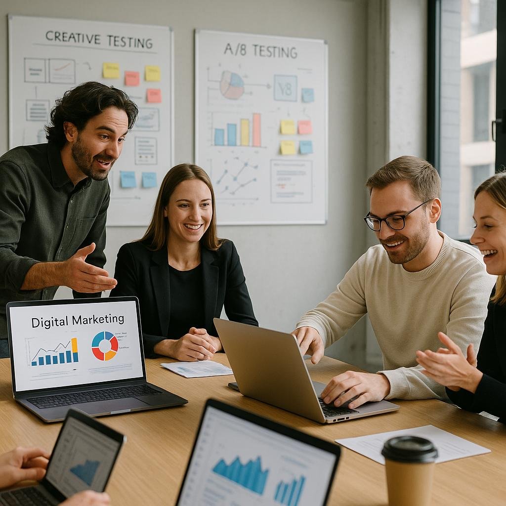 Team von Marketing-Profis bei einem modernen Büro mit digitalen Bildschirmen, Notebooks und Whiteboards, die kreative Testing-Prozesse visualisieren