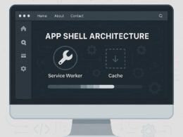 Modernes Web-Interface auf großem Bildschirm mit Navigationsleiste, Seitenleiste und dynamischem Content, umgeben von Code- und Optimierungs-Icons im Tech-Design.