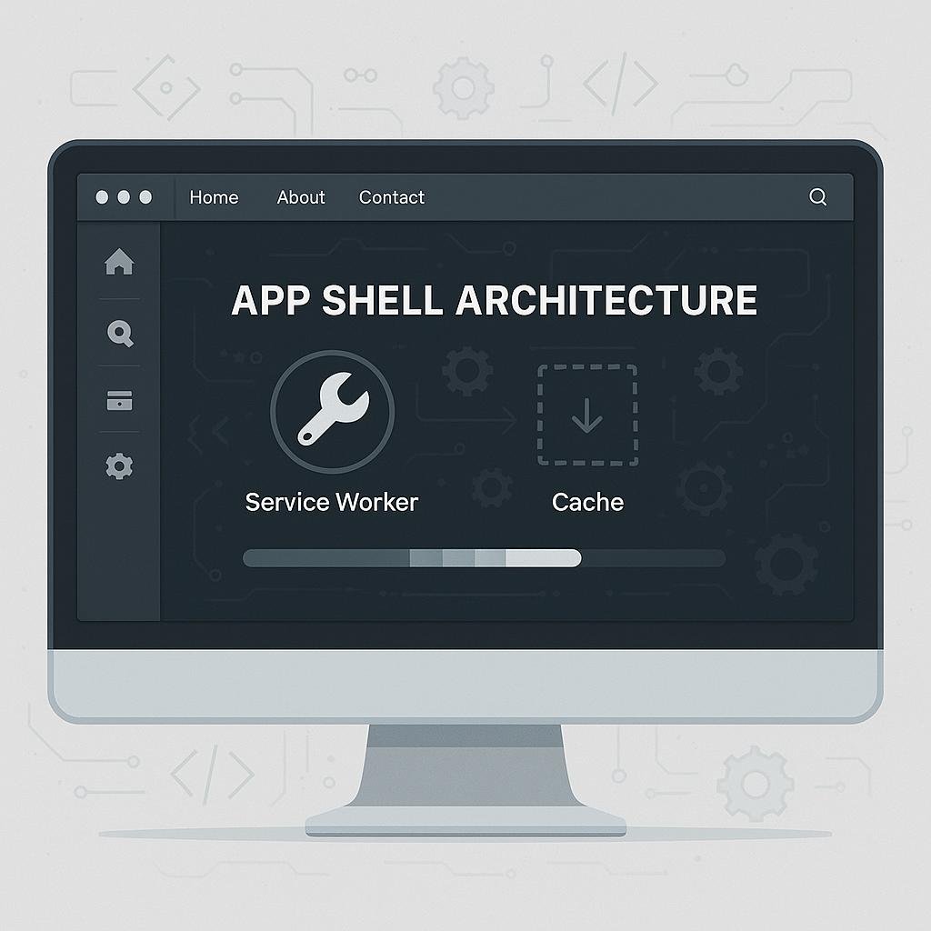Modernes Web-Interface auf großem Bildschirm mit Navigationsleiste, Seitenleiste und dynamischem Content, umgeben von Code- und Optimierungs-Icons im Tech-Design.