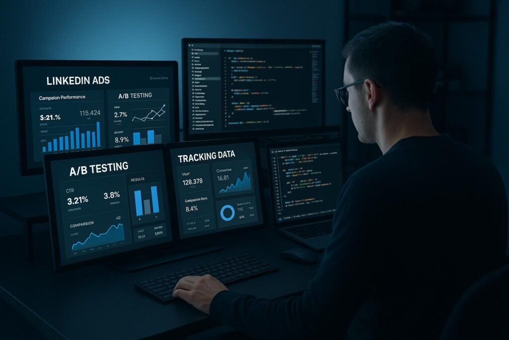 Moderner Arbeitsplatz mit Computern, die LinkedIn-Werbedaten und A/B-Testing-Analysen anzeigen, bei einem Marketer, der Code und Performance-Daten überprüft