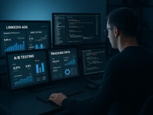 Moderner Arbeitsplatz mit Computern, die LinkedIn-Werbedaten und A/B-Testing-Analysen anzeigen, bei einem Marketer, der Code und Performance-Daten überprüft